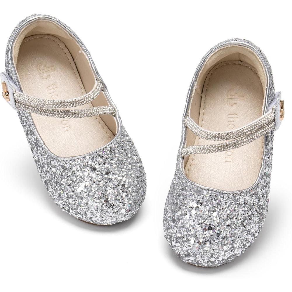 imageTHEE BRON Bedazzled Glitter Mary Jane Flats for Toddler Girls  Shimmery TwinkleToe Shoes for Fancy FunAf564starlight Silver