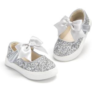 THEE BRON Shiny Gloss Toddler Girls Sneakers Versatile Fun Casual Kicks for Little Ones(As404-glitter Silver)