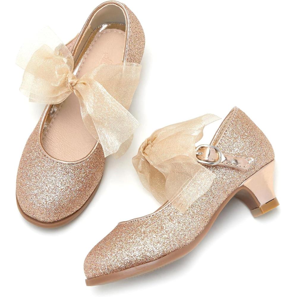 imageTHEE BRON Girls Low Heel Dress Shoes Mary Jane Party Wedding Flower Girl Pumps909champagne