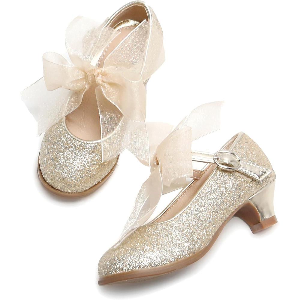 imageTHEE BRON Girls Low Heel Dress Shoes Mary Jane Party Wedding Flower Girl Pumps909gold