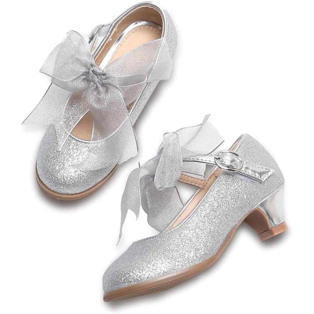 imageTHEE BRON Girls Low Heel Dress Shoes Mary Jane Party Wedding Flower Girl Pumps909silver