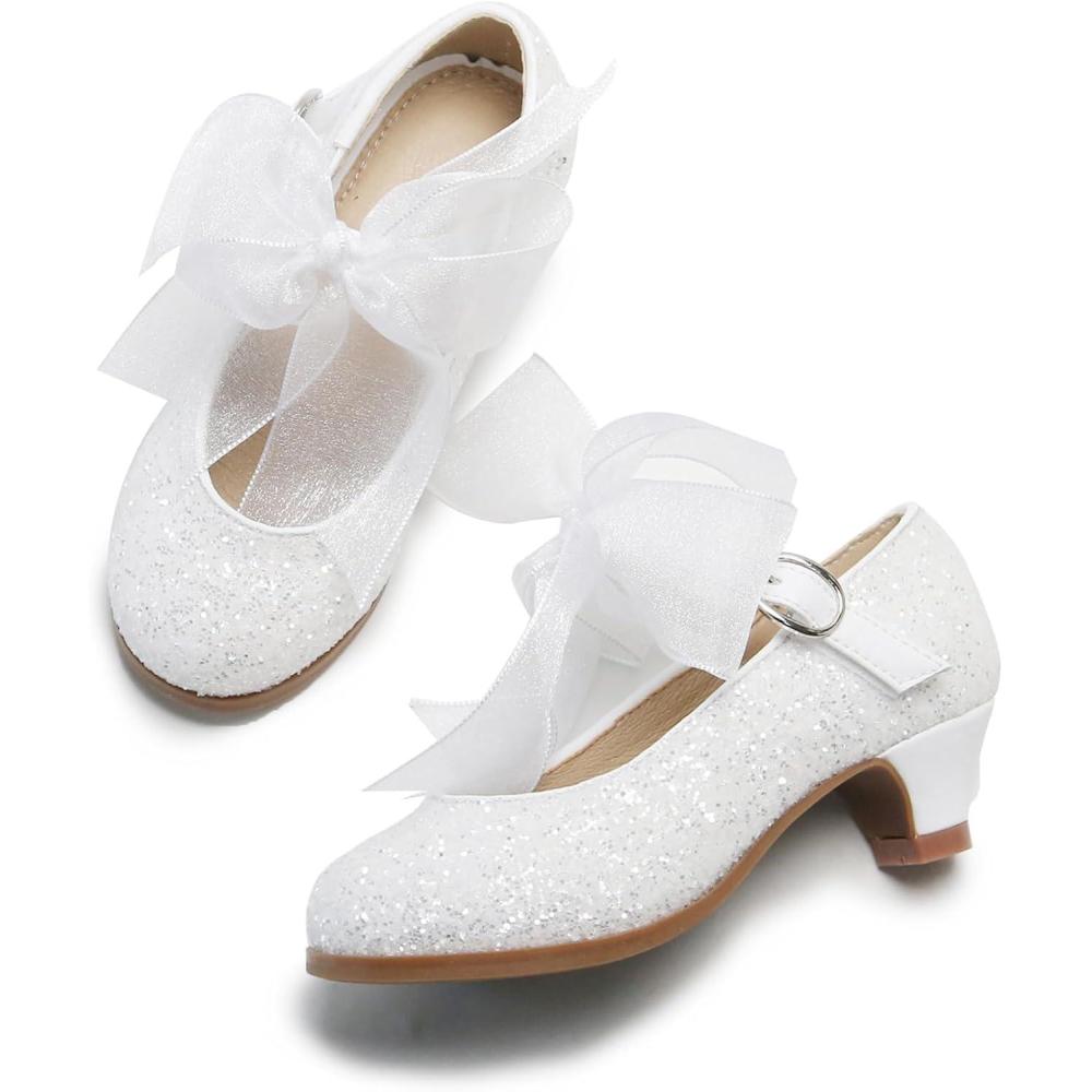 imageTHEE BRON Girls Low Heel Dress Shoes Mary Jane Party Wedding Flower Girl Pumps909white