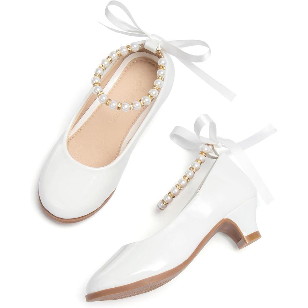 imageTHEE BRON Girls Low Heel Dress Shoes Mary Jane Party Wedding Flower Girl PumpsAh404celestial White