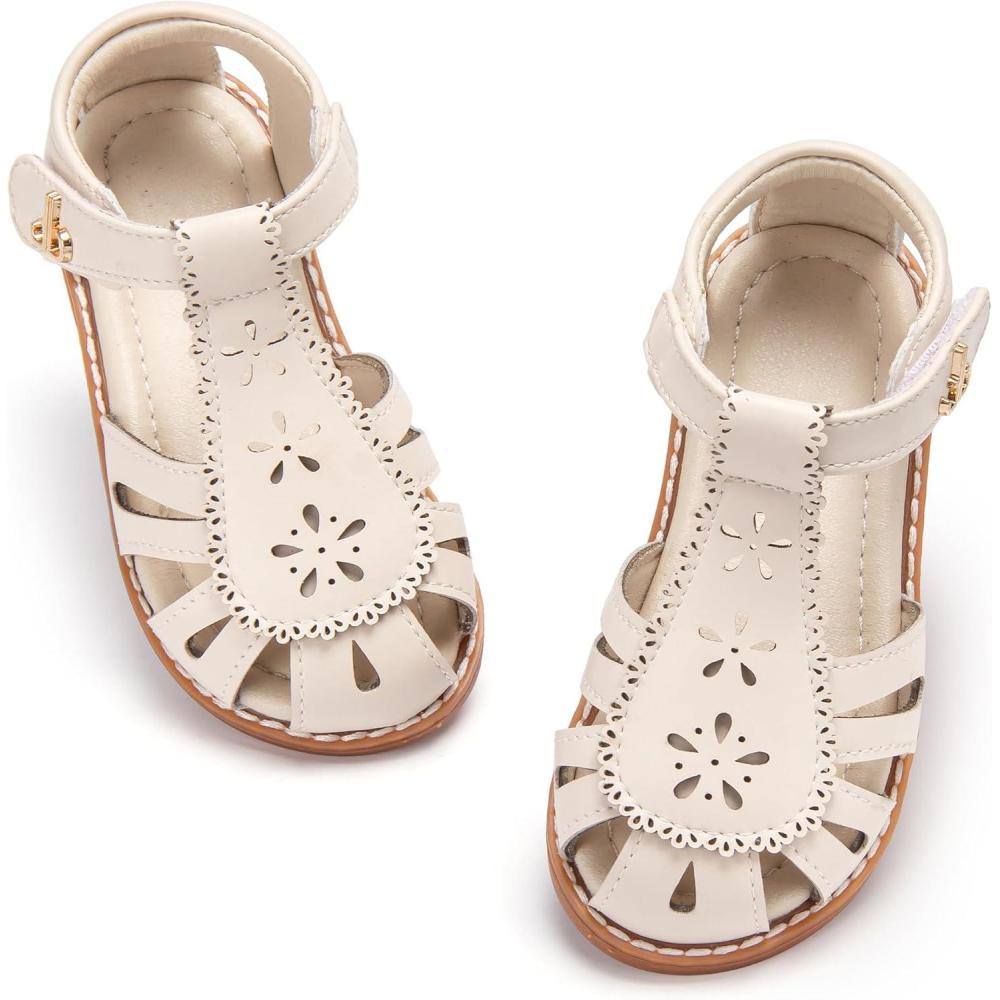 imageTHEE BRON Toddler Girls Closed Toe Sweet Retro Cutout Sandals  Princess Summer ShoesAa526cream Apricot
