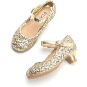 THEE BRON Girls Low Heel Dress Shoes Mary Jane Party Wedding Flower Girl Pumps(901-gold)