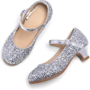 THEE BRON Girls Low Heel Dress Shoes Mary Jane Party Wedding Flower Girl Pumps(901-silver)