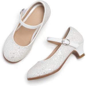 THEE BRON Girls Low Heel Dress Shoes Mary Jane Party Wedding Flower Girl Pumps(901-white)