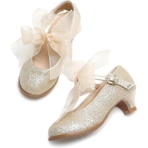 THEE BRON Girls Low Heel Dress Shoes Mary Jane Party Wedding Flower Girl Pumps(909-gold)