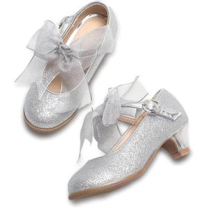 THEE BRON Girls Low Heel Dress Shoes Mary Jane Party Wedding Flower Girl Pumps(909-silver)