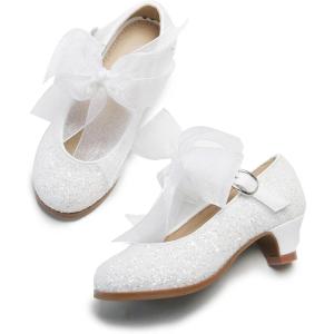 THEE BRON Girls Low Heel Dress Shoes Mary Jane Party Wedding Flower Girl Pumps(909-white)