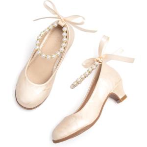 THEE BRON Girls Low Heel Dress Shoes Mary Jane Party Wedding Flower Girl Pumps(Ah402-glaze Pearl Apricot)
