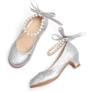 THEE BRON Girls Low Heel Dress Shoes Mary Jane Party Wedding Flower Girl Pumps(Ah402-pearl Mist Silver)
