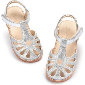 THEE BRON Toddler Girls Closed Toe Sweet Retro Cutout Sandals – Princess Summer Shoes(Aa396-moonlit Silver)