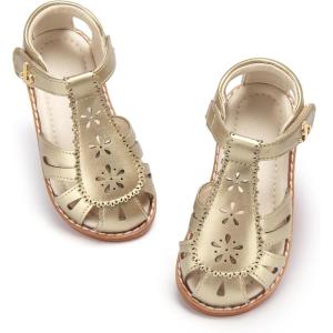 THEE BRON Toddler Girls Closed Toe Sweet Retro Cutout Sandals – Princess Summer Shoes(Aa526-moonlit Gold)