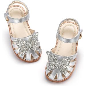 THEE BRON Toddler Girls Closed Toe Sweet Retro Cutout Sandals – Princess Summer Shoes(Aa528-flutter Silver)