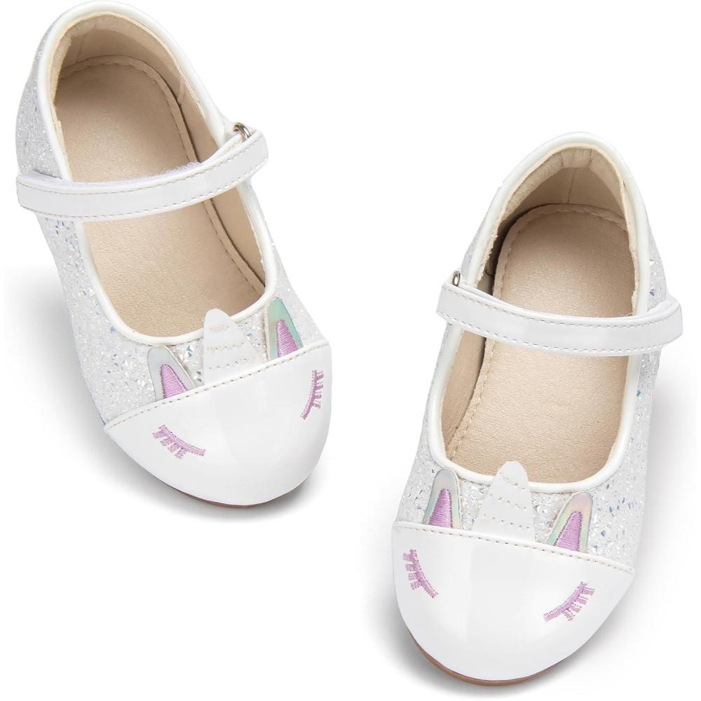 imageTHEE BRON Mary Jane Ballet Flats  Girls Dress Shoes with Hook ampamp Loop ClosureAf486frost White