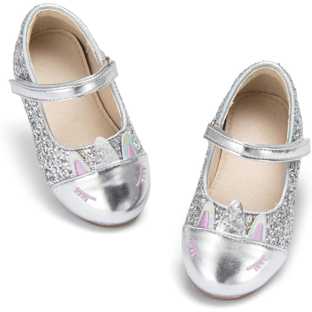imageTHEE BRON Mary Jane Ballet Flats  Girls Dress Shoes with Hook ampamp Loop ClosureAf486starlight Silver