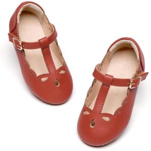 THEE BRON Girl’s T-Strap Flats Toddler/Little Kid Ballet Mary Jane Party Dress Shoes(Af442-maple Brown)