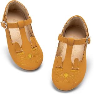 THEE BRON Girl’s T-Strap Flats Toddler/Little Kid Ballet Mary Jane Party Dress Shoes(Af518-amber Brown)