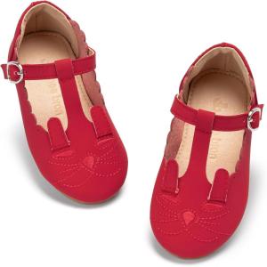 THEE BRON Girl’s T-Strap Flats Toddler/Little Kid Ballet Mary Jane Party Dress Shoes(Af518-crimson Red)