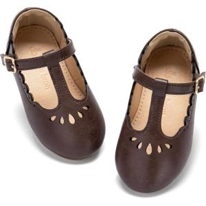 THEE BRON Girl’s T-Strap Flats Toddler/Little Kid Ballet Mary Jane Party Dress Shoes(Ag227-brown)