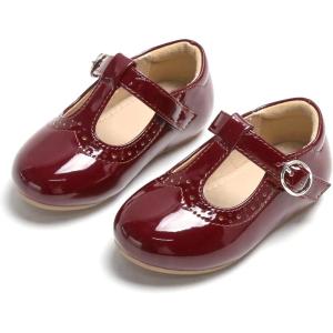 THEE BRON Girl’s T-Strap Flats Toddler/Little Kid Ballet Mary Jane Party Dress Shoes(Ag234-burgundy Red)