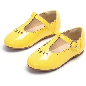 THEE BRON Girl’s T-Strap Flats Toddler/Little Kid Ballet Mary Jane Party Dress Shoes(Ax312-butterlight Yellow)