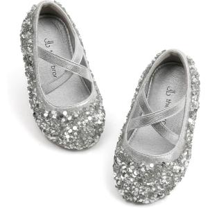 THEE BRON Mary Jane Ballet Flats – Girls’ Dress Shoes with Hook & Loop Closure(Af418-glitter Silver)