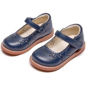 THEE BRON Toddler Girls Mary Jane Shoes Enchanting Retro Etched Bloom Oxfords(Ax306-navy Blue)