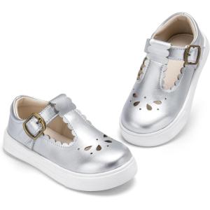 THEE BRON Toddler Girls Casual Sneakers Stylish Comfy T-Strap Everyday Shoes(As410-moonlit Silver)