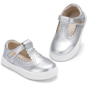 THEE BRON Toddler Girls Casual Sneakers Stylish Comfy T-Strap Everyday Shoes(As506-moonlit Silver)