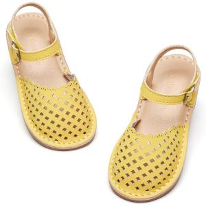 THEE BRON Toddler Girl Vintage Closed-Toe Sandals Genuine Leather Rustic Summer Shoes for 1-8 Years, Size 5-13(Aa432-butterlight Yellow)