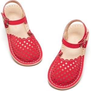 THEE BRON Toddler Girl Vintage Closed-Toe Sandals Genuine Leather Rustic Summer Shoes for 1-8 Years, Size 5-13(Aa432-crimson Red)