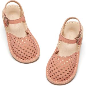 THEE BRON Toddler Girl Vintage Closed-Toe Sandals Genuine Leather Rustic Summer Shoes for 1-8 Years, Size 5-13(Aa432-peach Brown)