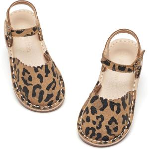 THEE BRON Toddler Girl Vintage Closed-Toe Sandals Genuine Leather Rustic Summer Shoes for 1-8 Years, Size 5-13(Aa434-leopard Brown)