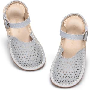 THEE BRON Toddler Girl Vintage Closed-Toe Sandals Genuine Leather Rustic Summer Shoes for 1-8 Years, Size 5-13(Tb2240-feather Silver)