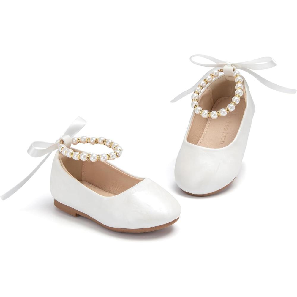 imageTHEE BRON Toddler Mary Janes Ballet Dress Flats Flower Girl Sparkly Pearl ShoesAf409pearlescent White