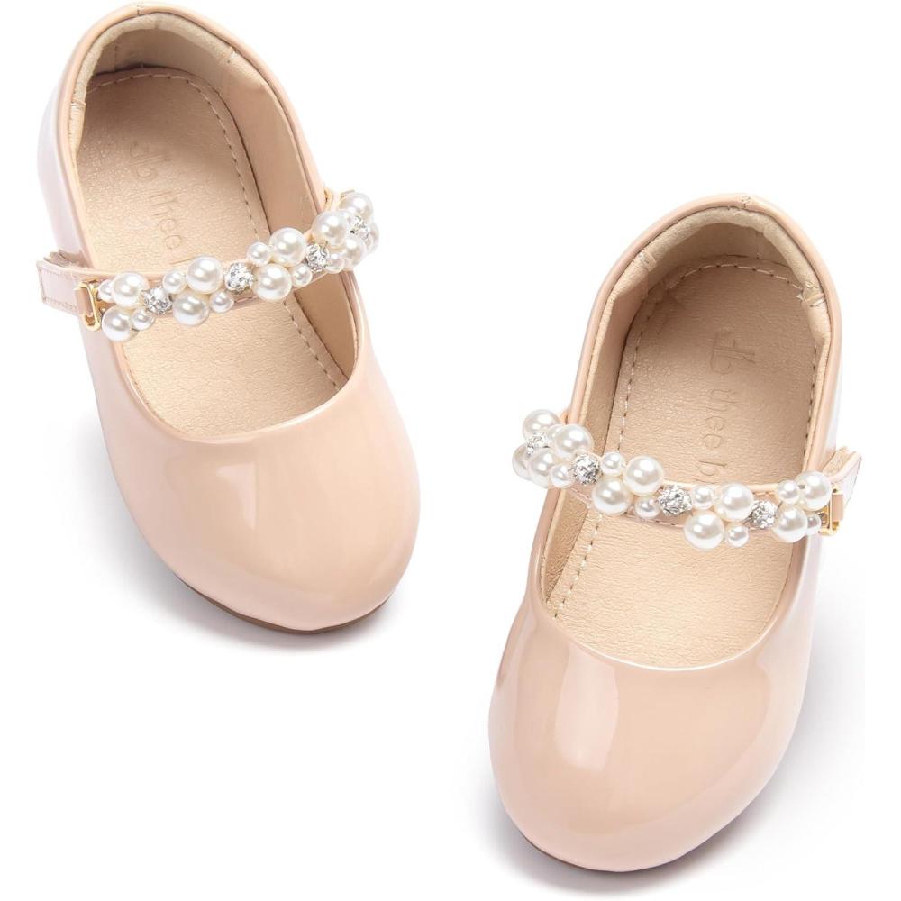 imageTHEE BRON Toddler Mary Janes Ballet Dress Flats Flower Girl Sparkly Pearl ShoesAf476blush Nude