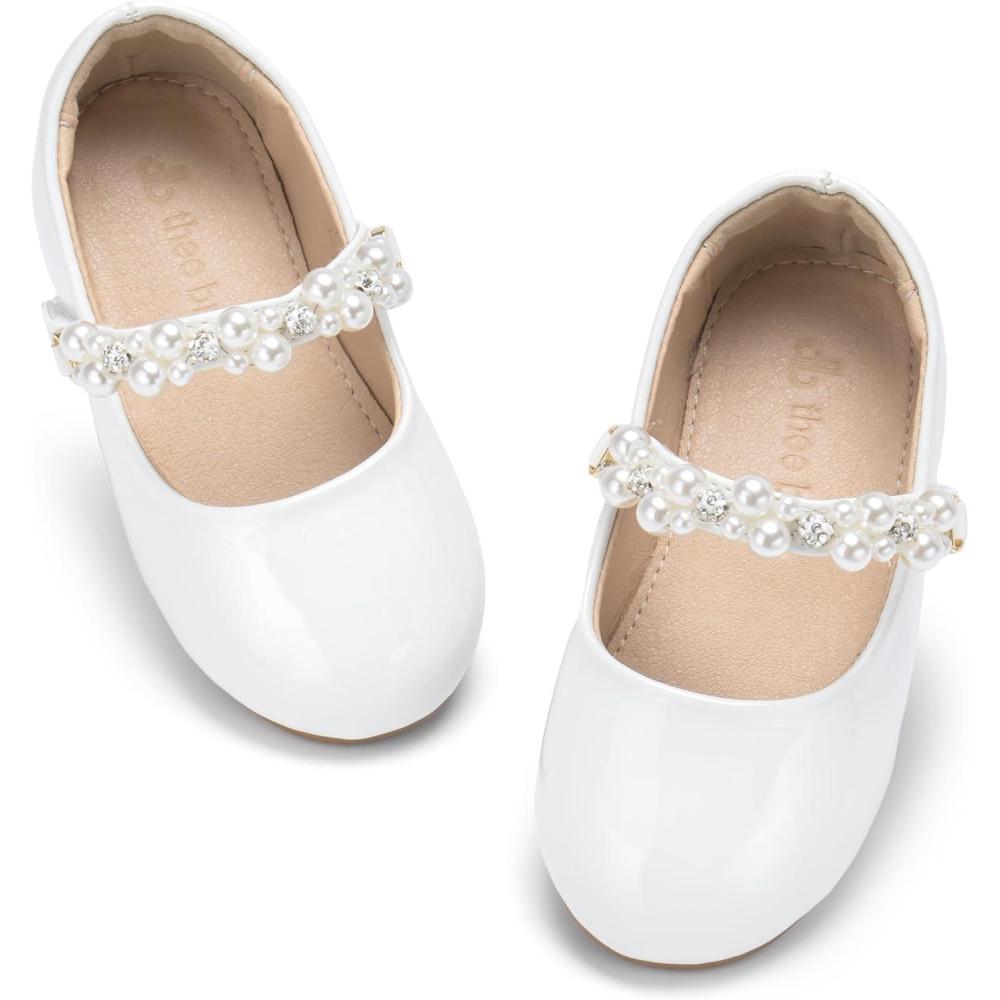 imageTHEE BRON Toddler Mary Janes Ballet Dress Flats Flower Girl Sparkly Pearl ShoesAf476celestial White