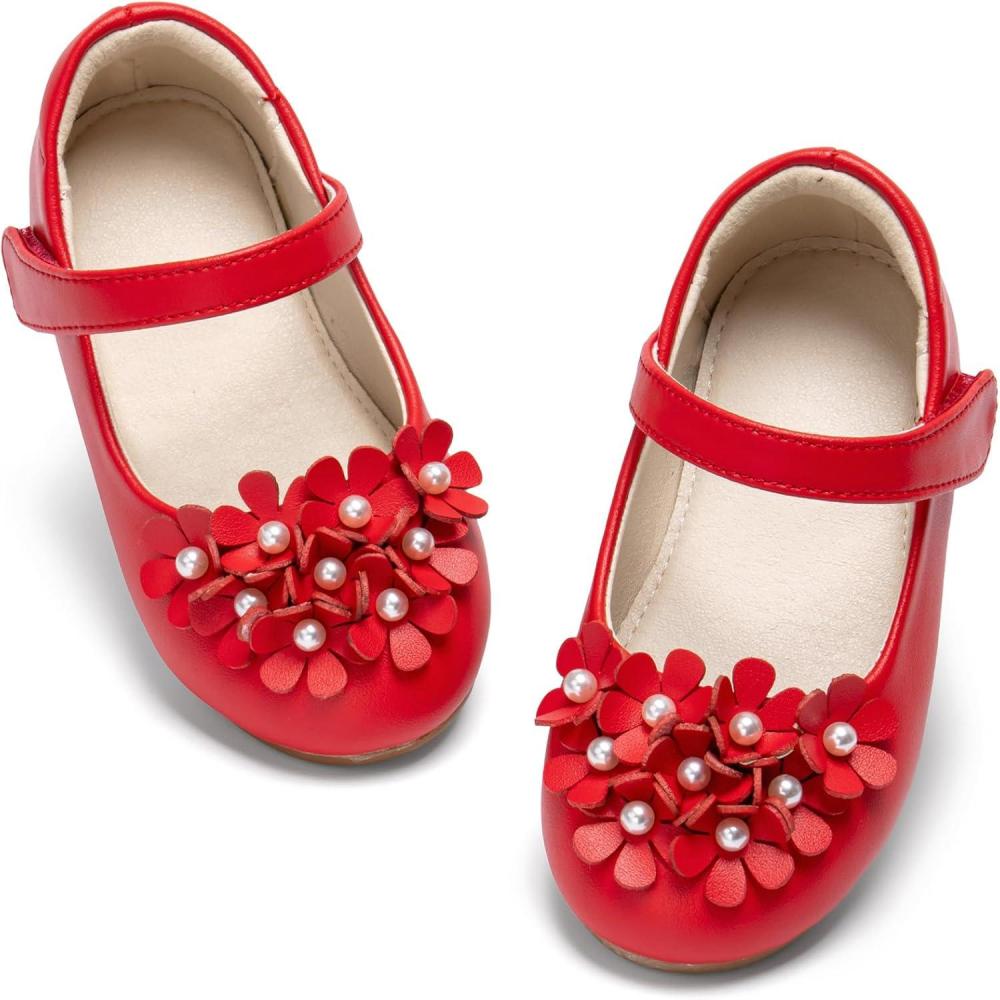 imageTHEE BRON Toddler Mary Janes Ballet Dress Flats Flower Girl Sparkly Pearl ShoesAf544crimson Red