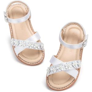 THEE BRON Toddler Girls Sandals Wedding Flower Girl Dress Shoes Summer Open Toe Flats(Aa516-celestial White)