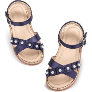 THEE BRON Toddler Girls Sandals Wedding Flower Girl Dress Shoes Summer Open Toe Flats(Aa516-starlit Navy)