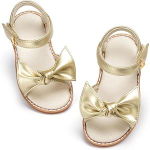 THEE BRON Toddler Girls Sandals Wedding Flower Girl Dress Shoes Summer Open Toe Flats(Aa546-moonlit Gold)