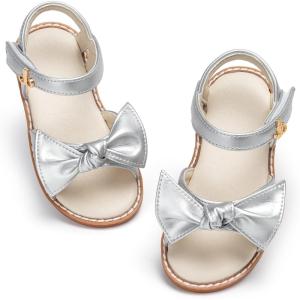 THEE BRON Toddler Girls Sandals Wedding Flower Girl Dress Shoes Summer Open Toe Flats(Aa546-moonlit Silver)