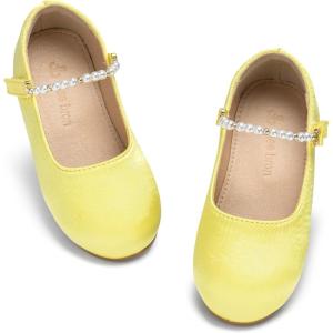 THEE BRON Toddler Mary Janes Ballet Dress Flats Flower Girl Sparkly Pearl Shoes(Af402-butterlight Yellow)