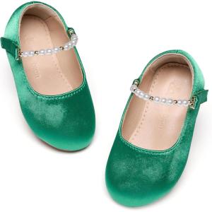 THEE BRON Toddler Mary Janes Ballet Dress Flats Flower Girl Sparkly Pearl Shoes(Af402-emerald Green)