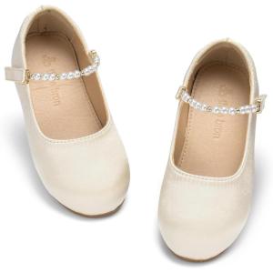 THEE BRON Toddler Mary Janes Ballet Dress Flats Flower Girl Sparkly Pearl Shoes(Af402-ivory Pearl)