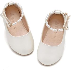 THEE BRON Toddler Mary Janes Ballet Dress Flats Flower Girl Sparkly Pearl Shoes(Af404-beige)