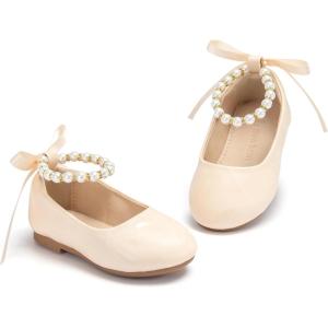 THEE BRON Toddler Mary Janes Ballet Dress Flats Flower Girl Sparkly Pearl Shoes(Af409-cream Apricot)