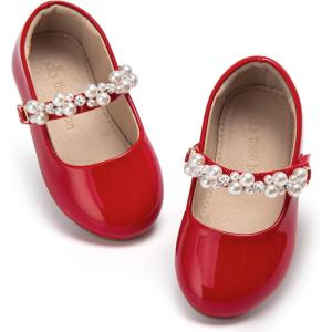 THEE BRON Toddler Mary Janes Ballet Dress Flats Flower Girl Sparkly Pearl Shoes(Af476-crimson Red)